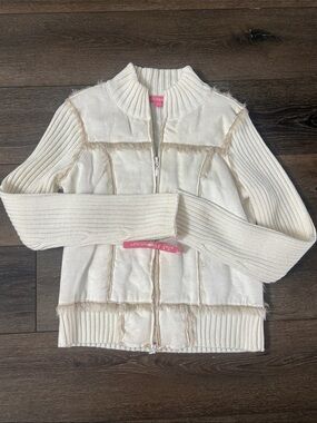 Cream Faux Suede and Fur Zip Sweater